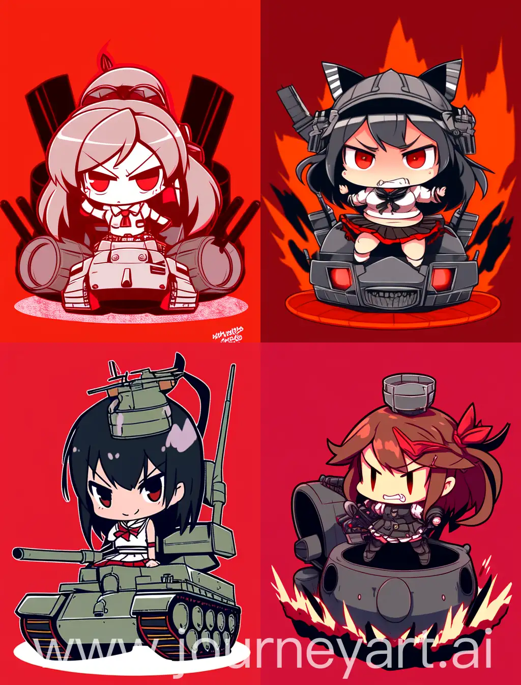 angry chibi anime girl holding a knife, sitting on top of a tank, cartoon anime style, with strong lines, with red solid background