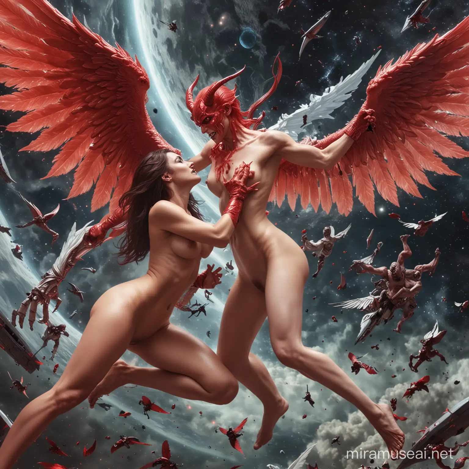 nude undead female glass red demon with wings fighting a male angelic angel a space ship