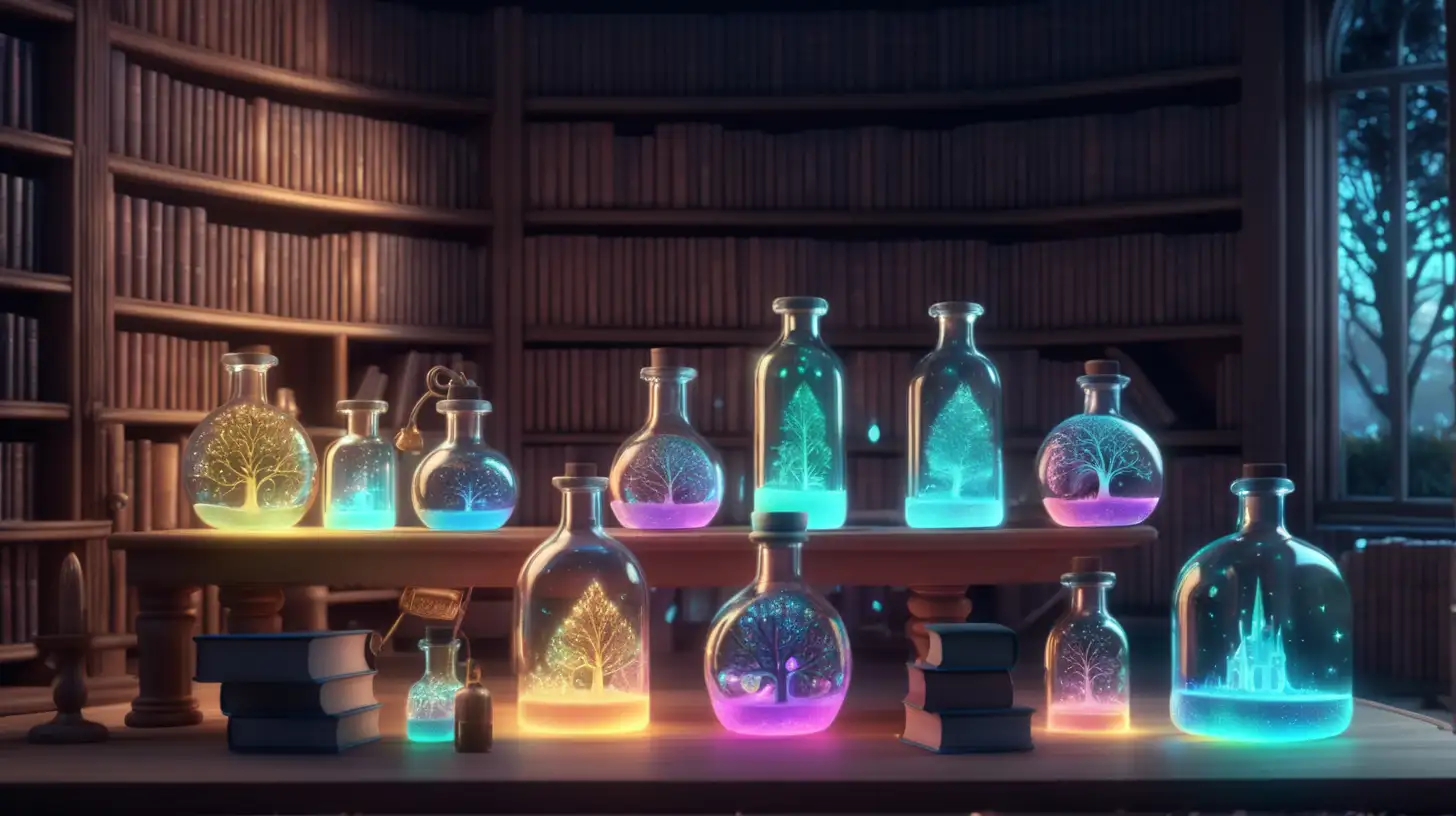 a box of glowing keys, fairytale, magical, library and glowing potions and inside the bottle are iridescent trees 8K.