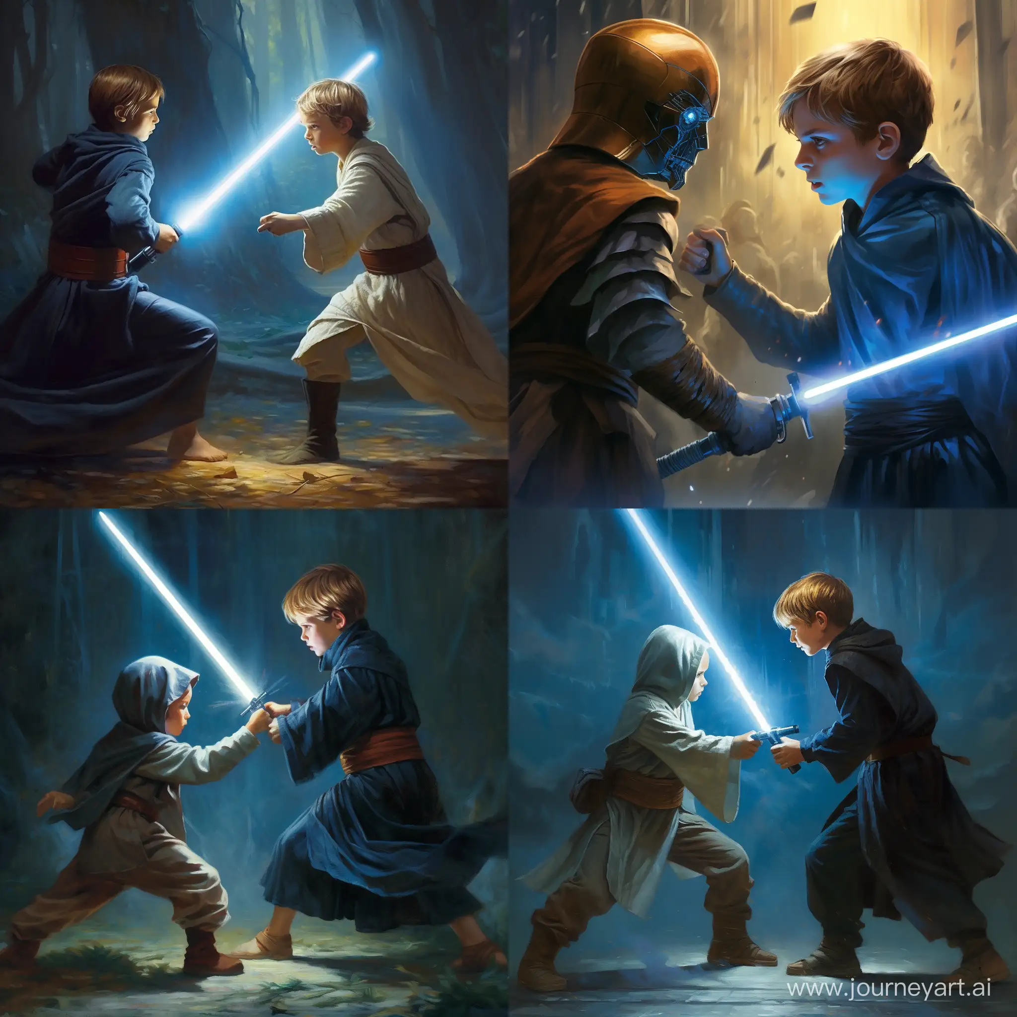 Молодой Энакин Скайуокер с синим светом мечом сражается с Оби-Ваном Кеноби с синим световым мечом