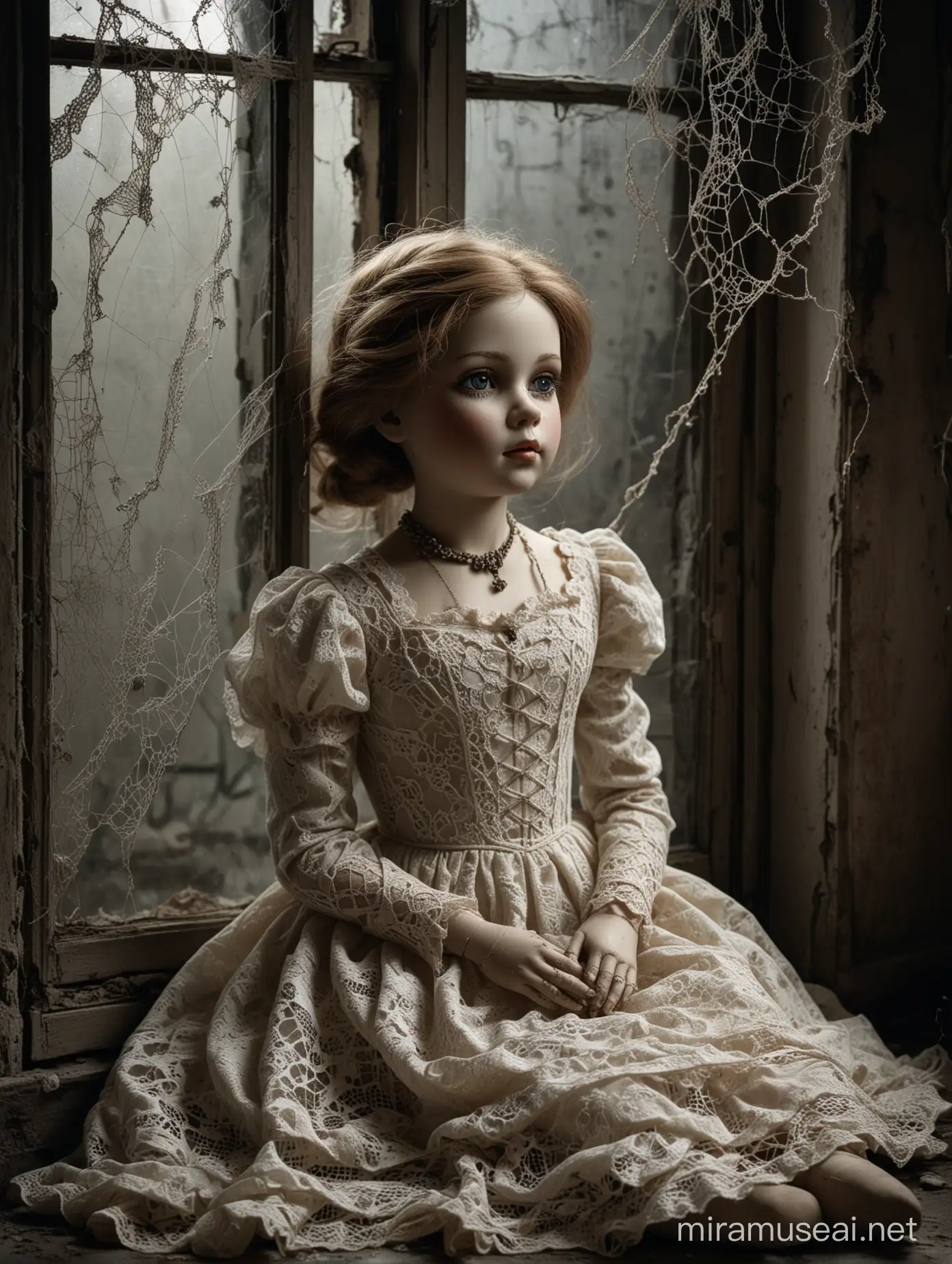 an old, dirty, worn (porcelain doll sitting in a beautiful lace dress) in a broken, dirty window, spiderweb, abandoned old room, dark surreal atmosphere, dull lights, dark colors, surrealism, matte background