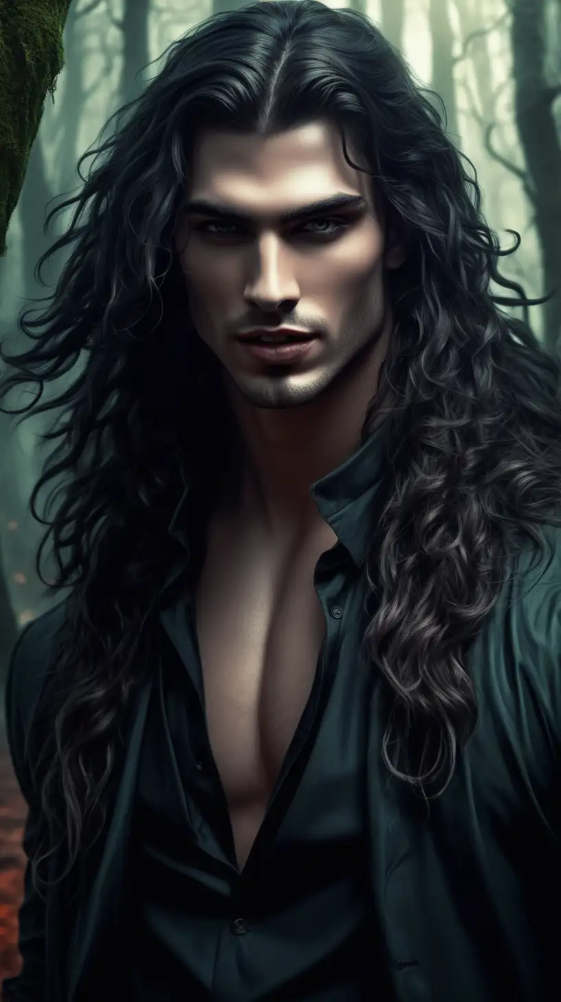 Create a dark fantasy art illustration, of male model Enrico Ravenna, with long wavy hair, modern clothes, and fangs. In forest. Close up