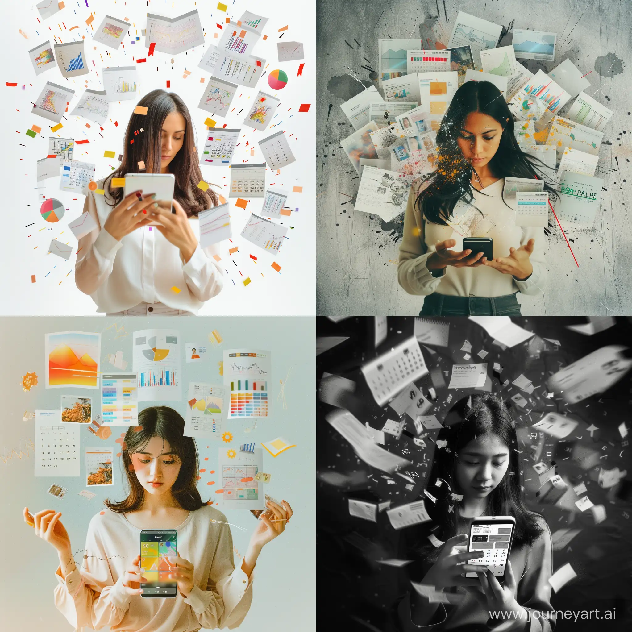 Woman-with-Smartphone-Surrounded-by-Dynamic-Digital-Data-and-35mm-Photo-Film-Quality-Imagery