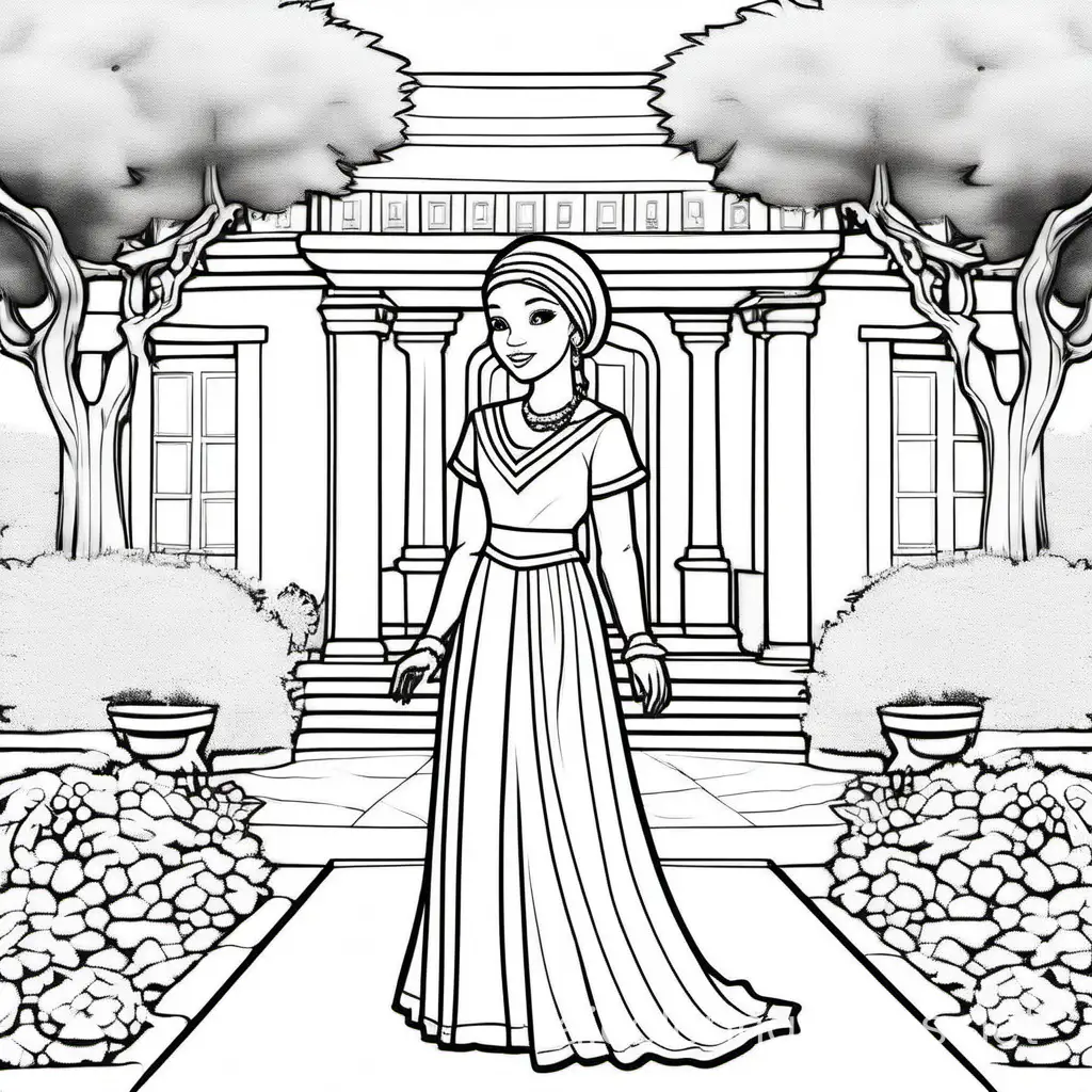 princess with headwrap beautiful jewelry and dress, standing in back of mansion with garden and fountain 2 big trees one on each side, guard standing behind each tree, Coloring Page, black and white, line art, white background, Simplicity, Ample White Space. The background of the coloring page is plain white to make it easy for young children to color within the lines. The outlines of all the subjects are easy to distinguish, making it simple for kids to color without too much difficulty