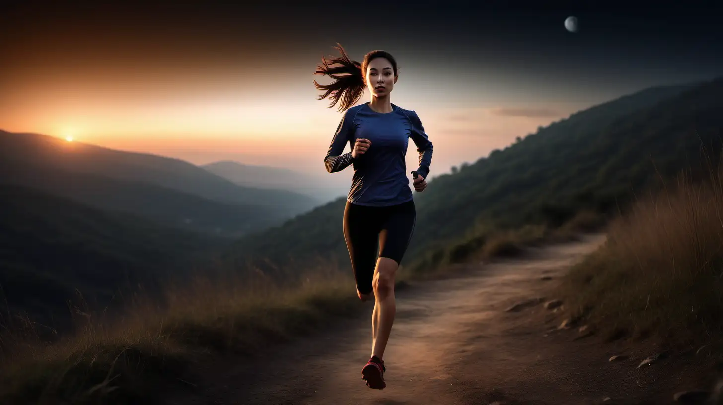 a woman running on a trail with a nice scenic view, dark background blurred, sunrise in background, space on top of the womans head