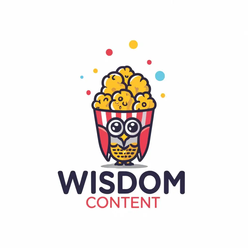 a logo design,with the text "Wisdom Content", main symbol:colourful popcorn with wise owl on popcorn,Minimalistic,be used in Entertainment industry,clear background