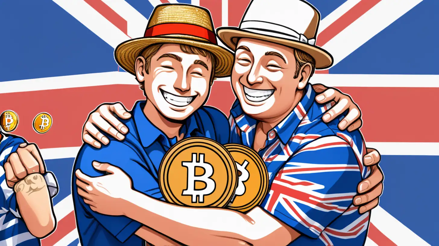 A cartoonish image of a smiling man with a Union Jack shirt and hat hugging a man with a bitcoin coin shirt and hat with a heart symbol