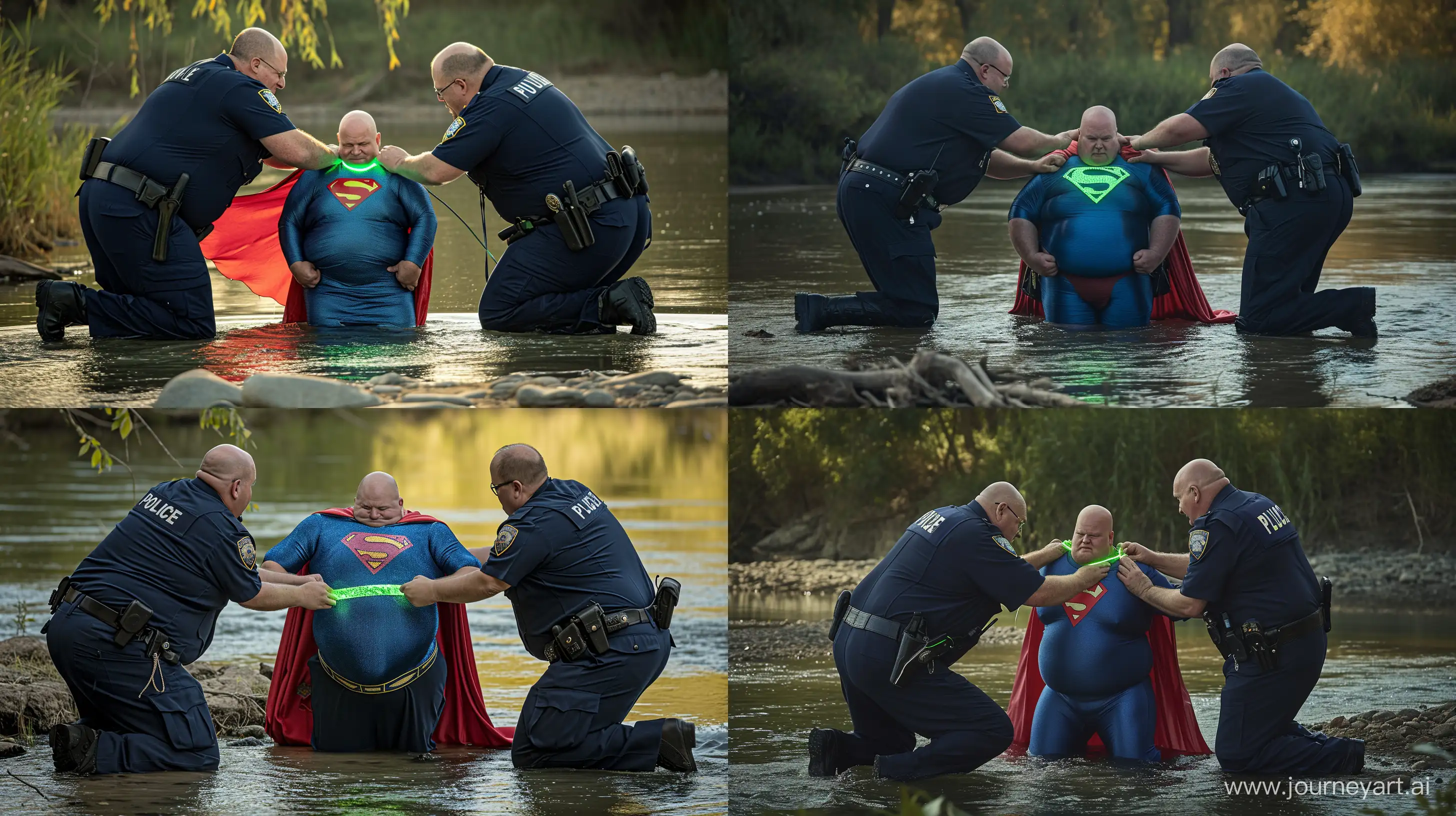 Back view photo of two chubby man aged 60 wearing a navy police uniform, kneeling and tightening a green glowing strap on the chest of another chubby man aged 60 kneeling in the water and wearing a tight blue silky superman costume with a large red cape. River Outside. Natural light. Bald. Clean Shaven. --style raw --ar 16:9 --v 6