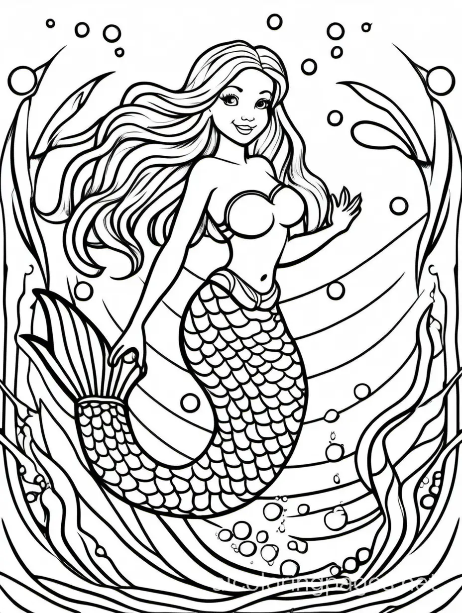 mermaid for kids, Coloring Page, black and white, line art, white background, Simplicity, Ample White Space. The background of the coloring page is plain white to make it easy for young children to color within the lines. The outlines of all the subjects are easy to distinguish, making it simple for kids to color without too much difficulty