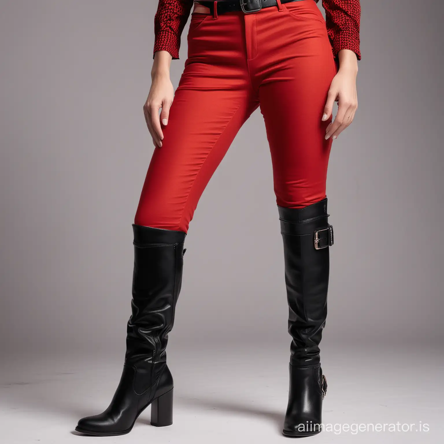 Fashionable-Woman-in-Red-Textile-Pants-and-Black-KneeHigh-Boots
