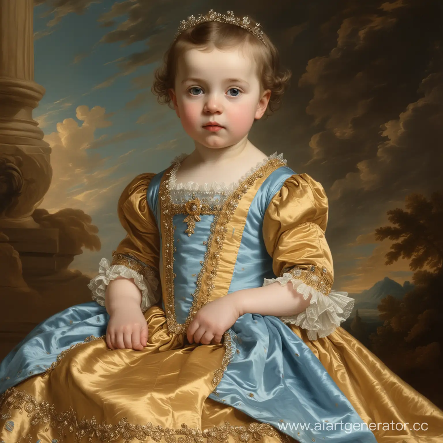 Infant-Countess-in-SkyBlue-and-Golden-Dress-on-Brown-Background