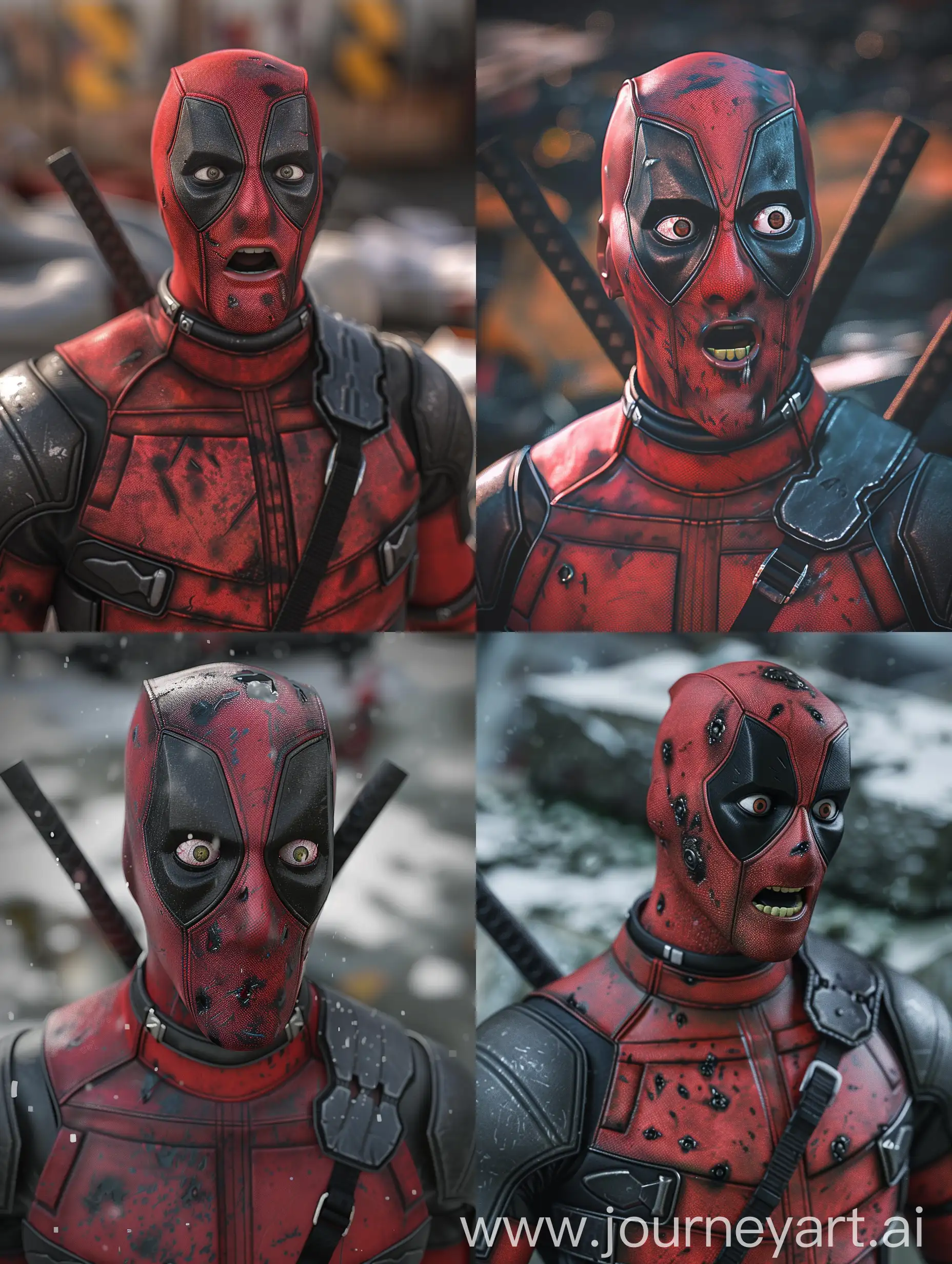 (((marvel deadpool))) (((standing up))) ((( looking down confused))) (8K) (ULTRA DETAILED)
