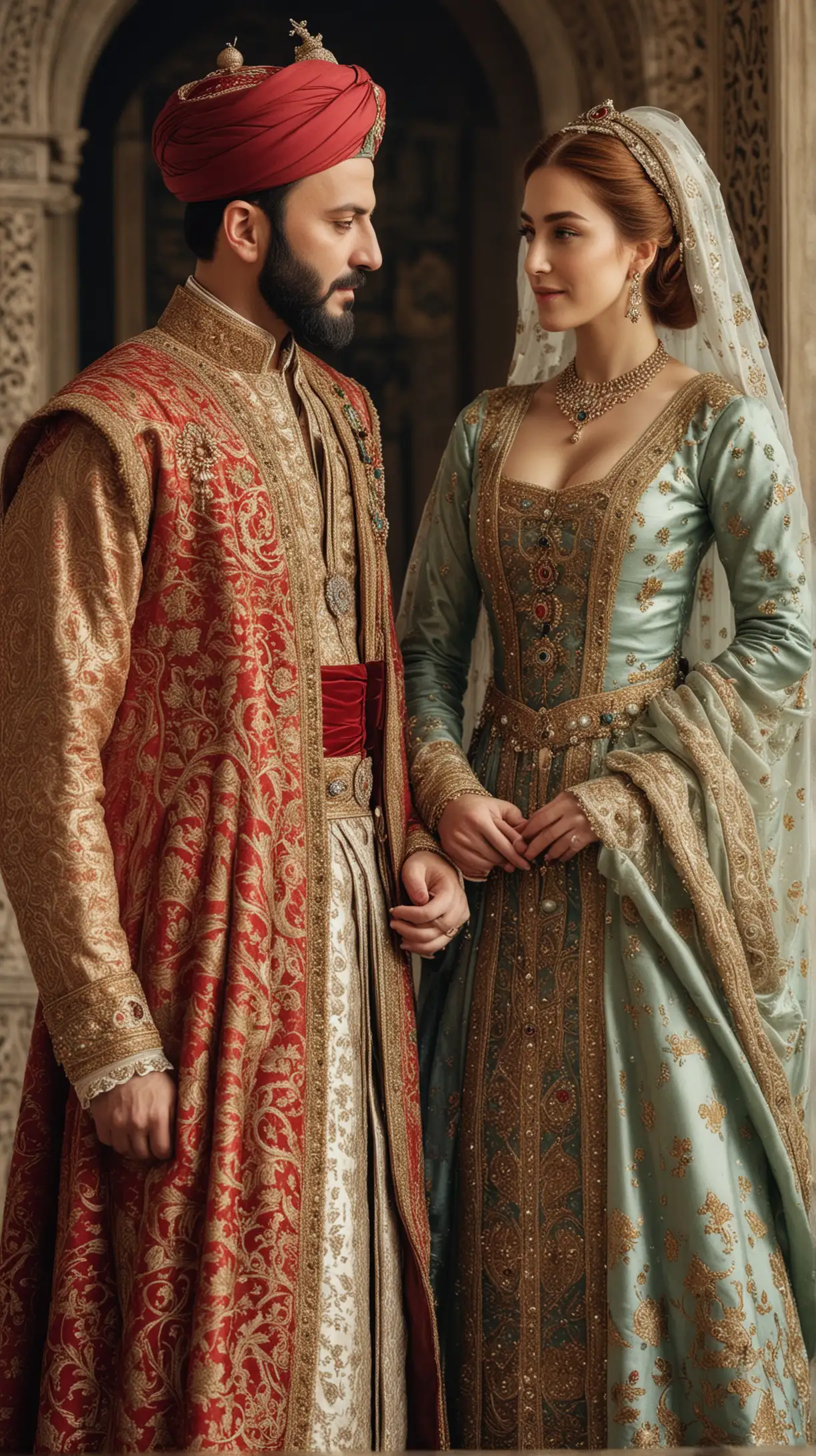 An elegant portrait of Suleiman and Hurrem standing side by side, dressed in their royal attire, with expressions of affection and mutual respect.