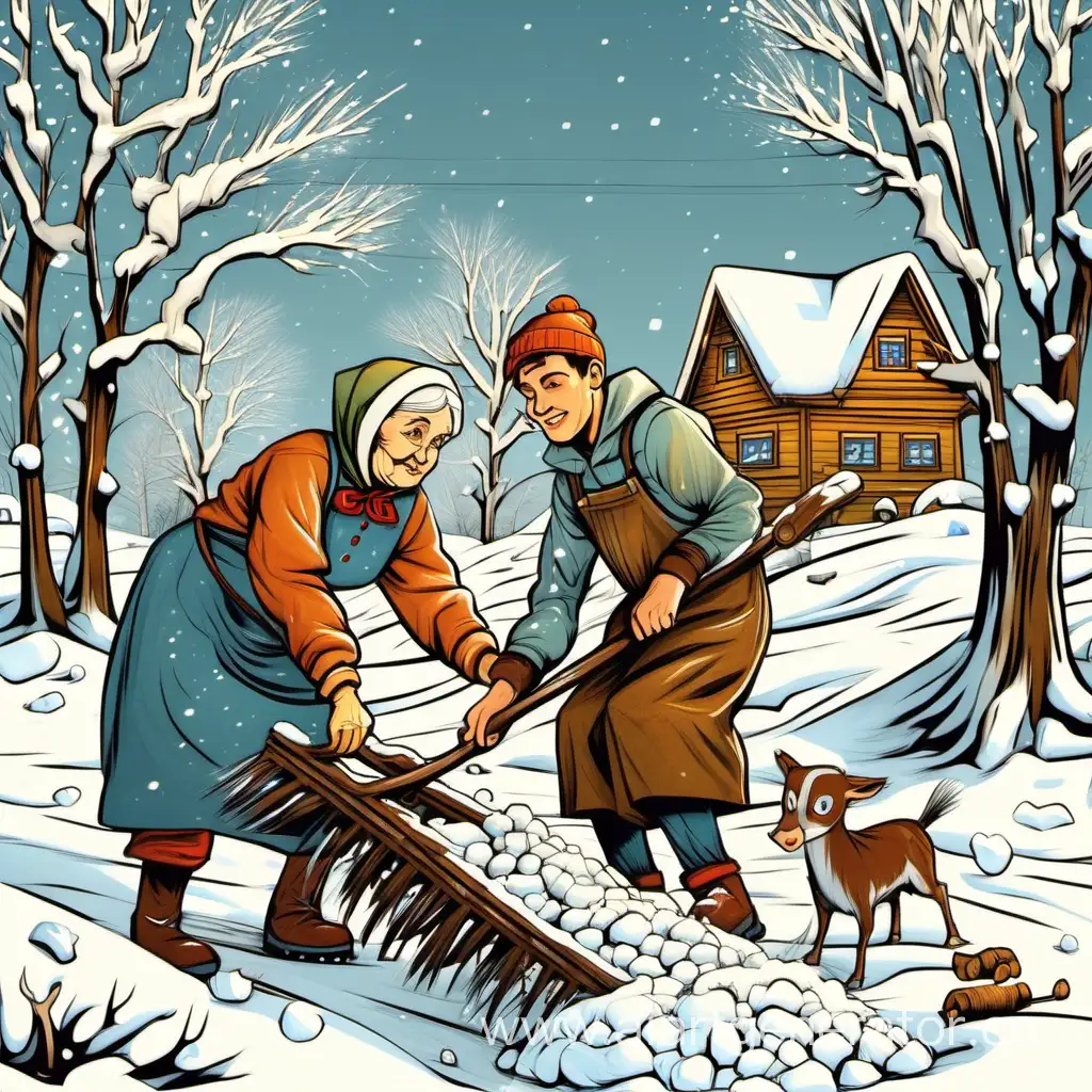 молодые ребята помогают старушке убирать снег в стиле русской народной сказки