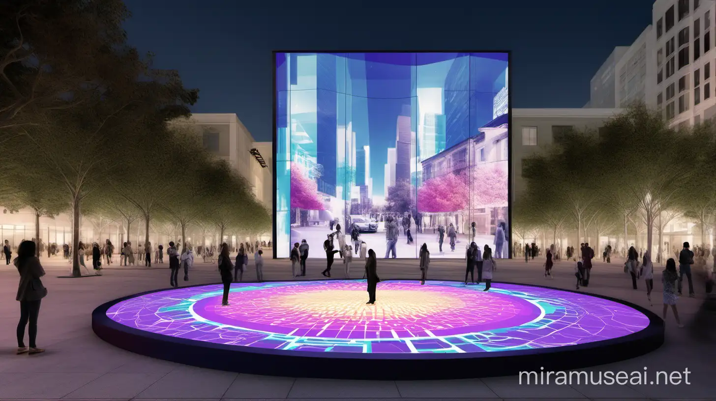 "Design an urban plaza with interactive digital art installations, augmented reality displays, and dynamic lighting, blending technology seamlessly with contemporary architectural design."
