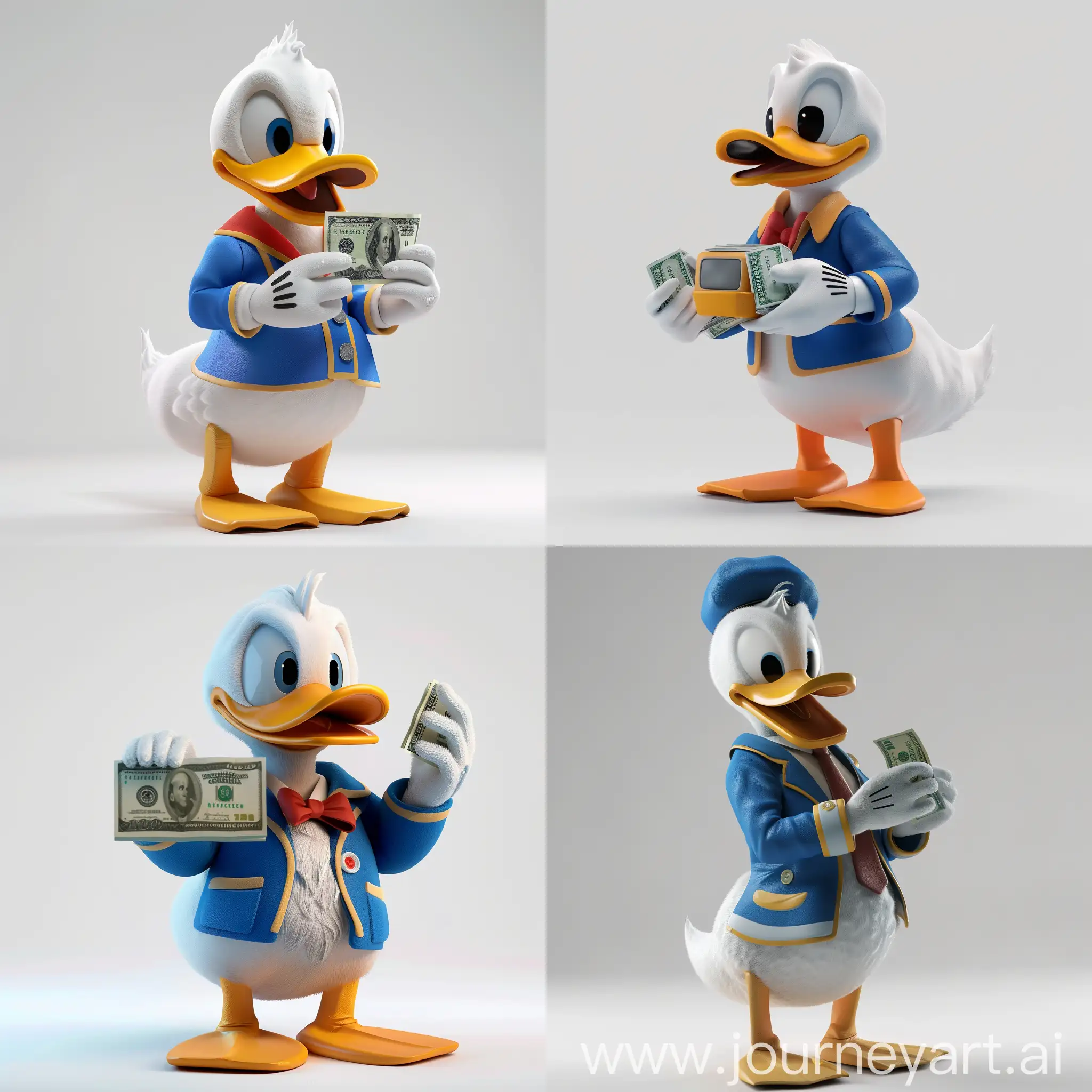 Donald-Duck-Counting-Money-Realistic-3D-Render-on-White-Background