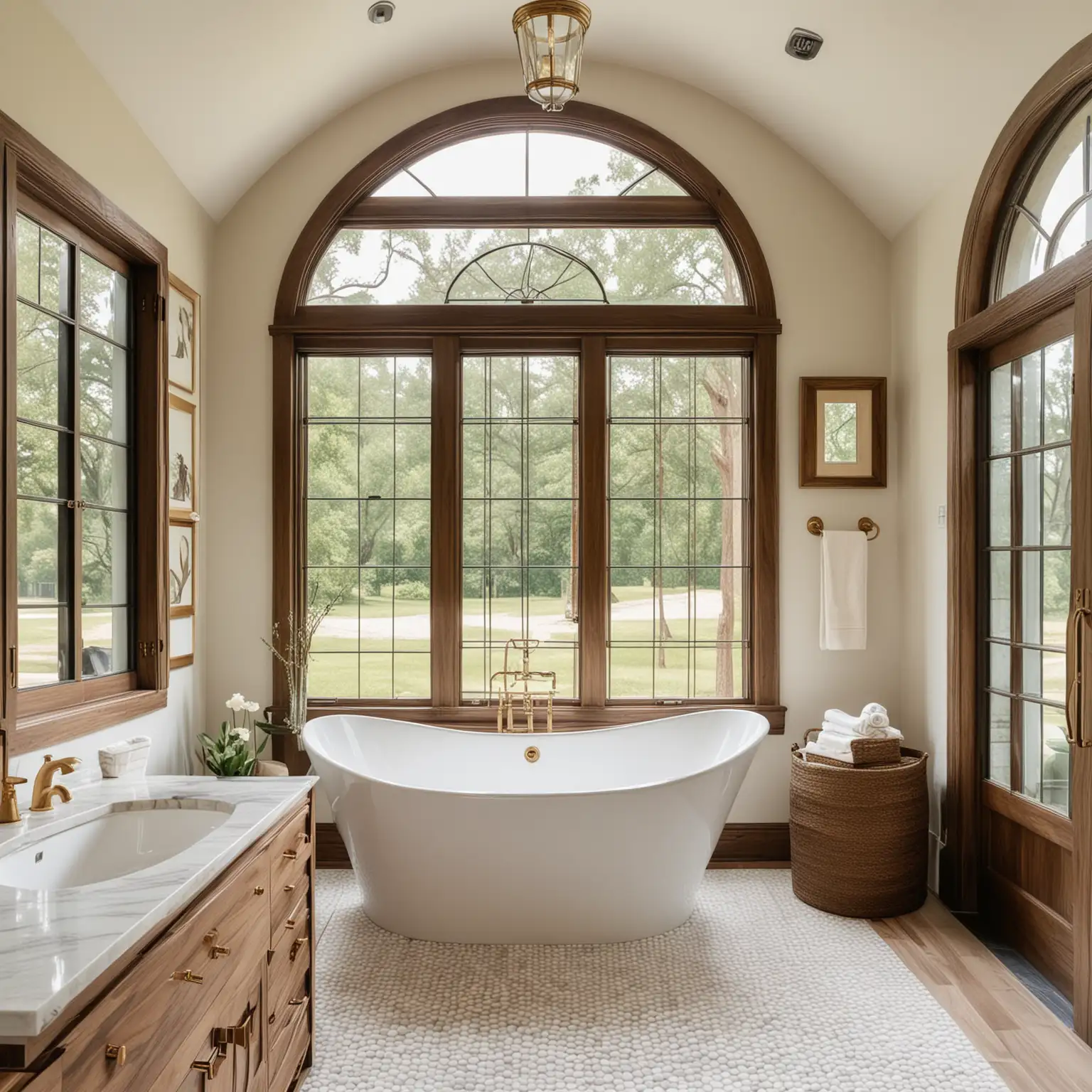 an 'Old Money' inspired modern French farmhouse large home master bathroom; walnut wood, ivory, brass; large window; 