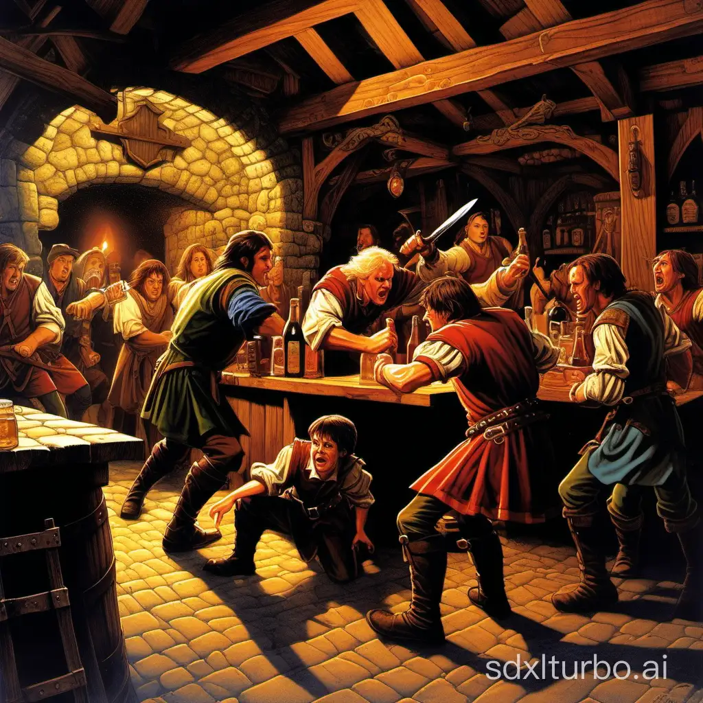 In the art style of Michael Whelan, generate an image of a huge fight happening in a tavern set in medieval Britain  have in the corner a scared young tavern boy hiding behind the bar counter