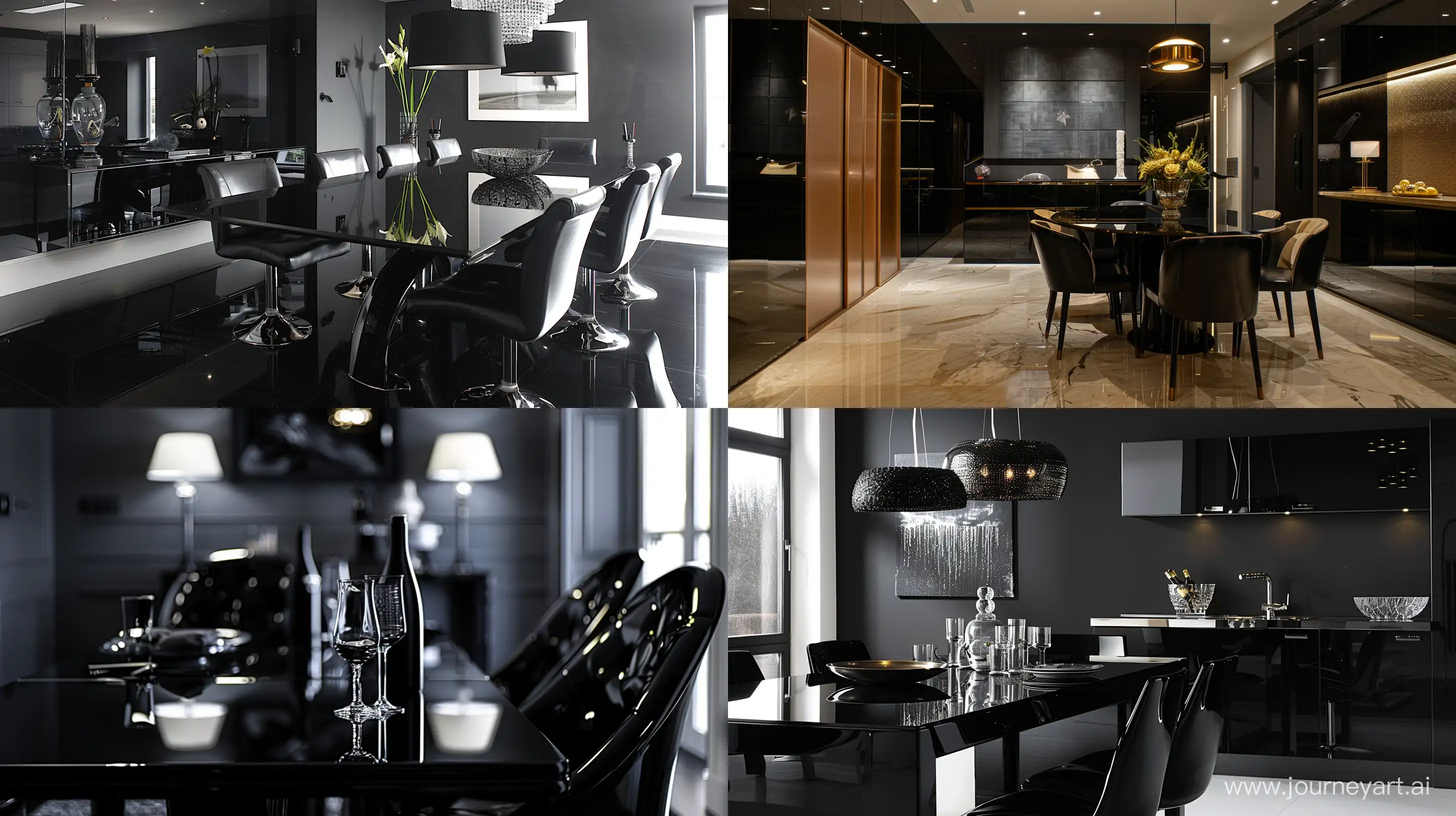 Indulge in the allure of modern luxury with a black dining room featuring minimalist interior design, highlighted by the glossy allure of shiny black colors, the ultimate trend in home decor. Envision a space bathed in lustrous black hues, evoking a sense of drama and sophistication. --ar 16:9