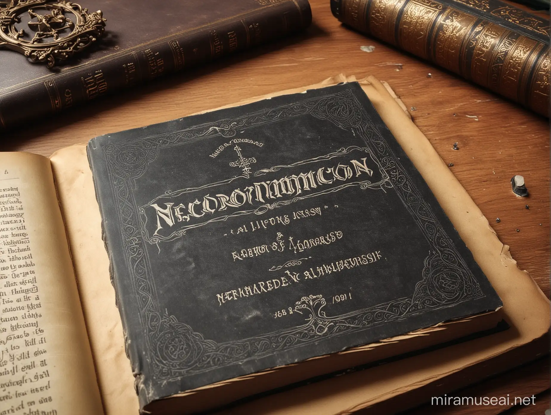 Book opened on title page, Called Necronomicon, Author Ablud Alhazred. Lying on desk in Victorian Library.