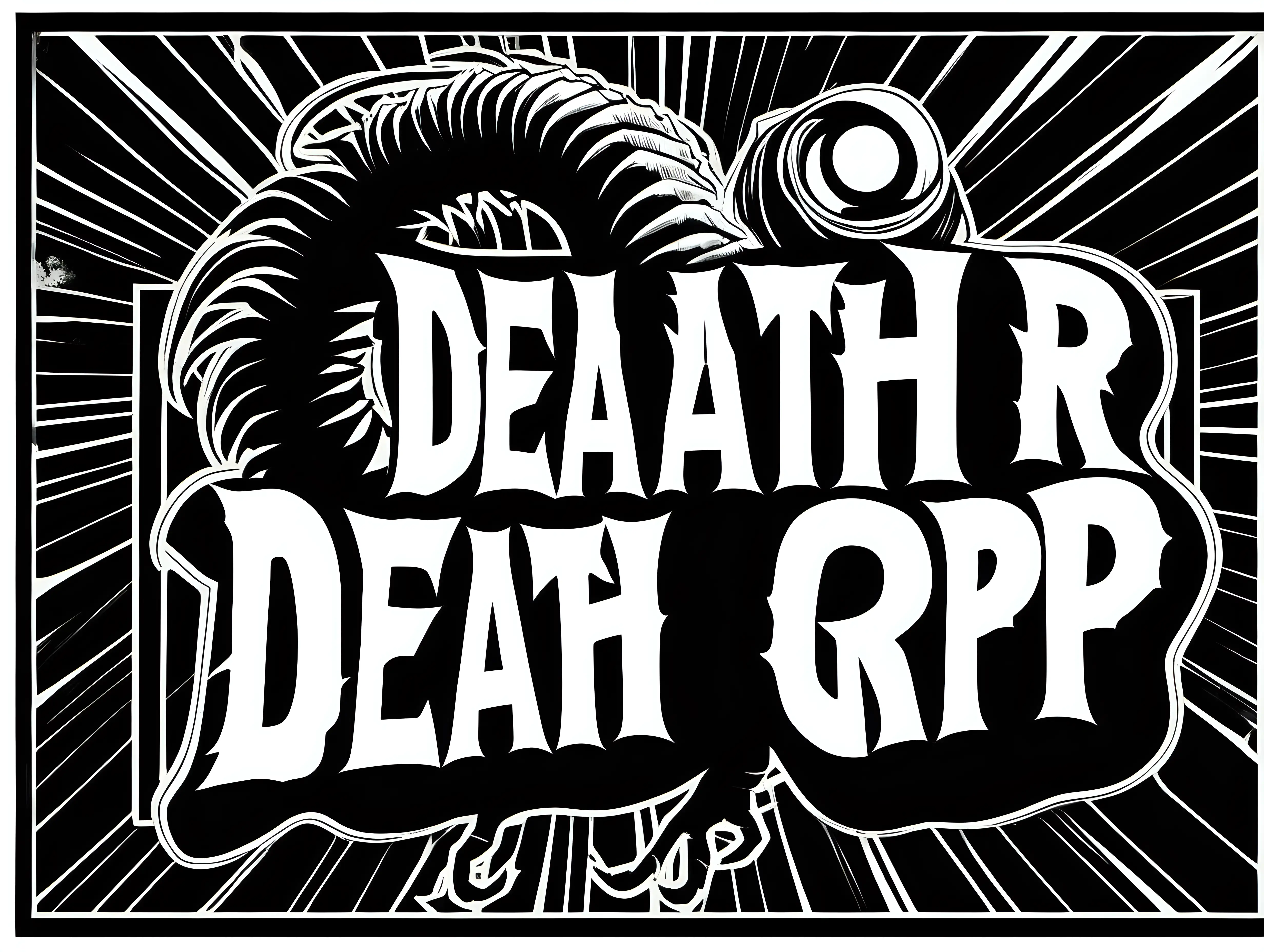 1970s monster movie poster 'Death Grip Tape', in the style of Jim Phillips, black and white, stencil, minimalist, simplicity, vector art, negative space, isolated on black background --v 5.2