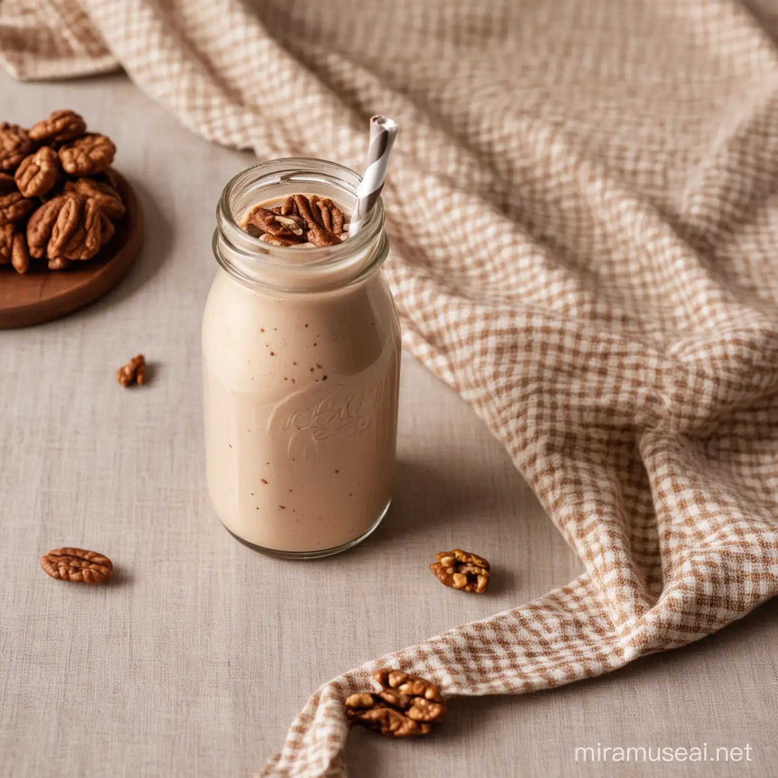 Cocoa walnut milkshake in a little bottle on a table with a nice tablecloth