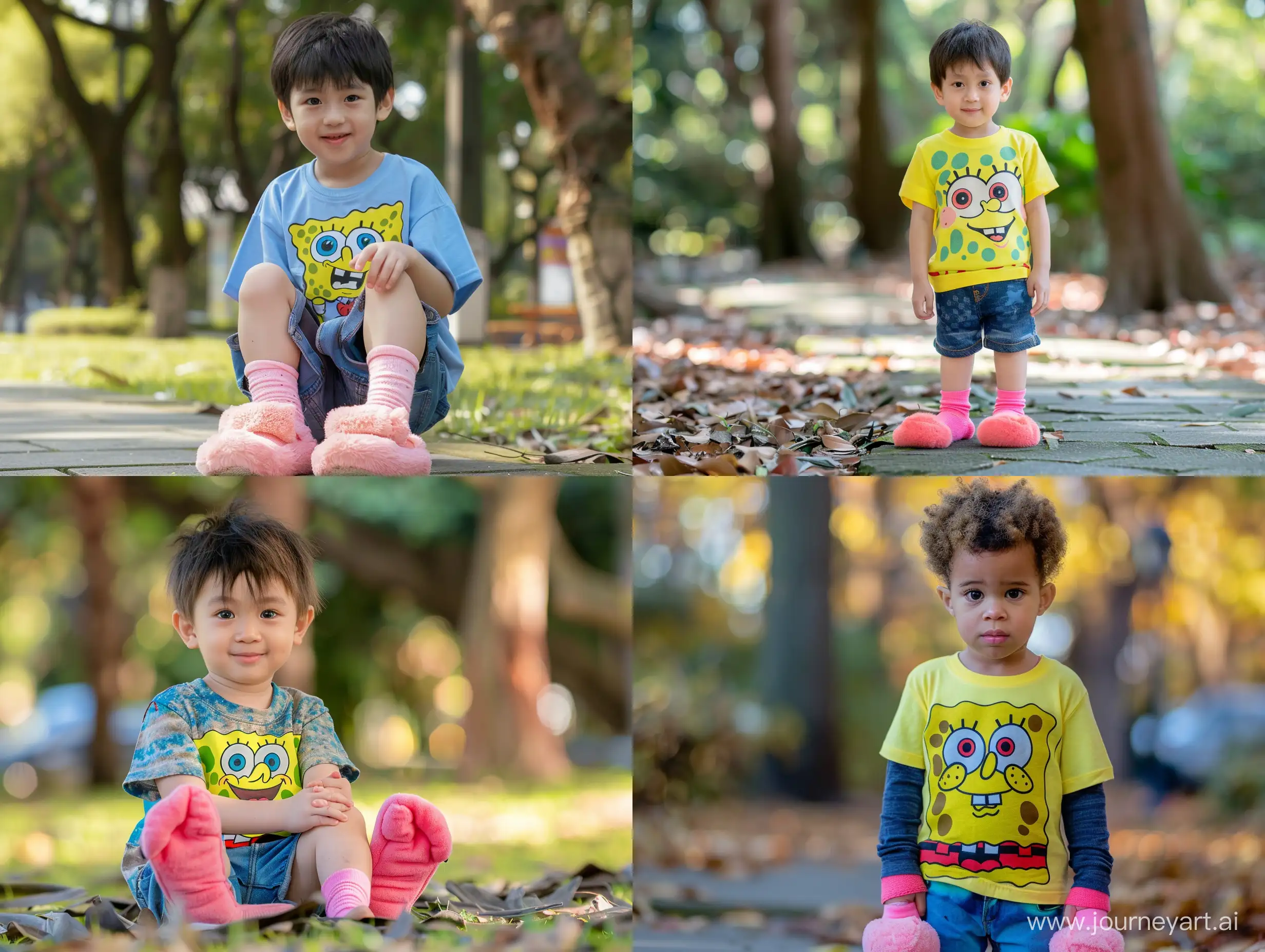 Real and natural photo of cute young boy in spongebob t-shirt and pink slippers and socks in the park.