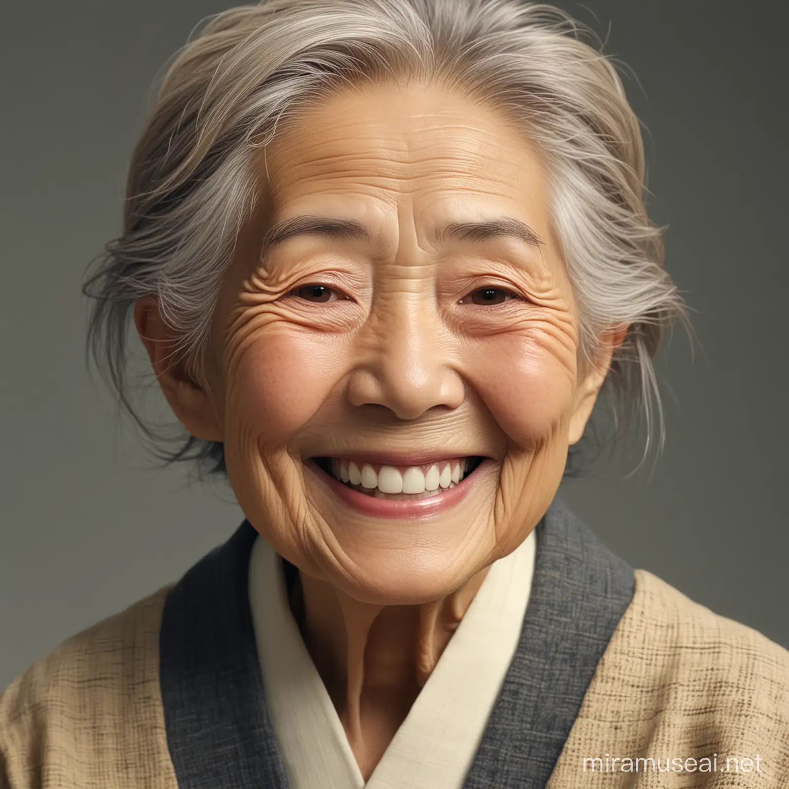 Generiere das Bild einer lebensfrohen 110 jährigen japanischen Frau, die lächelt, realistic, high resolution, 4K