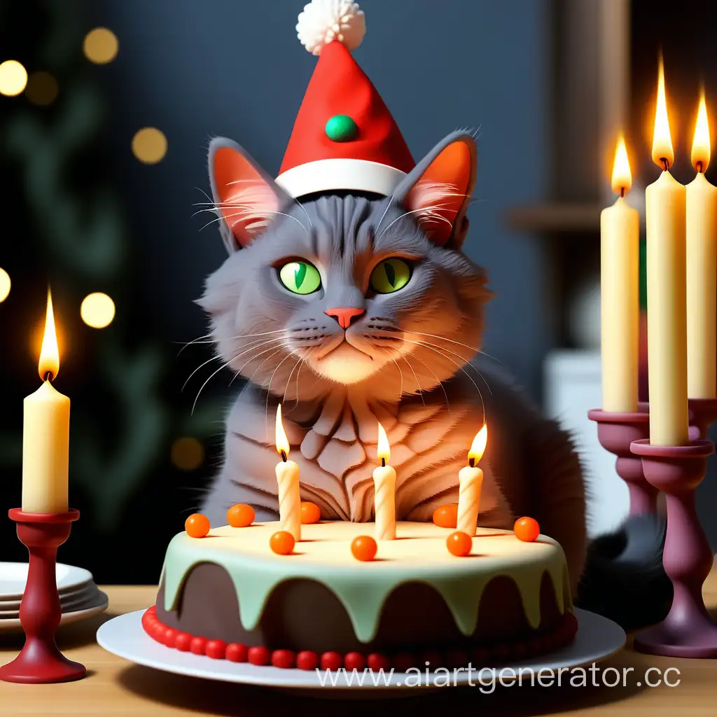 Кот в праздничном колпаке сидит у торта с заженными свечами