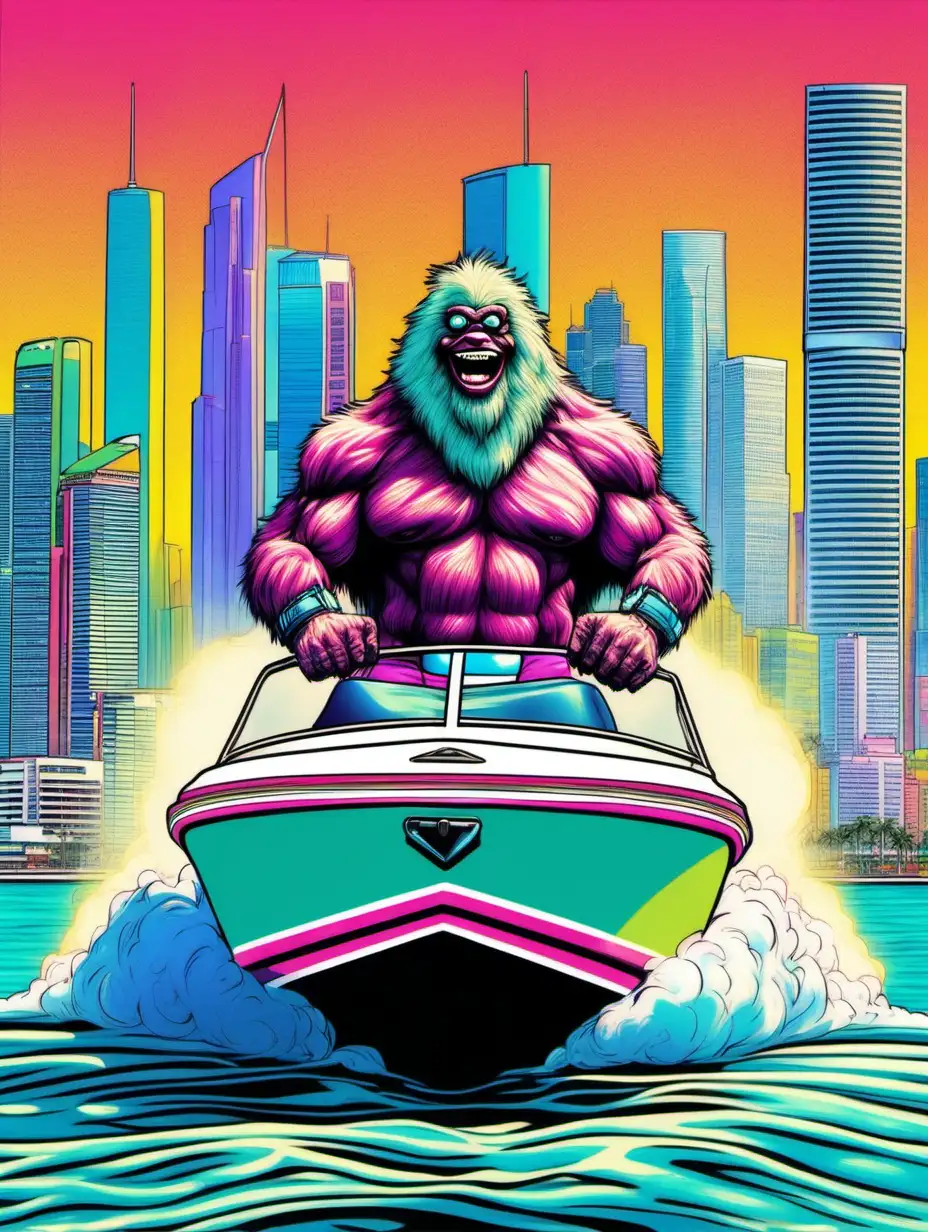 Smiling Muscular Yeti Piloting 50Foot Cigarette Boat with Miami Skyline