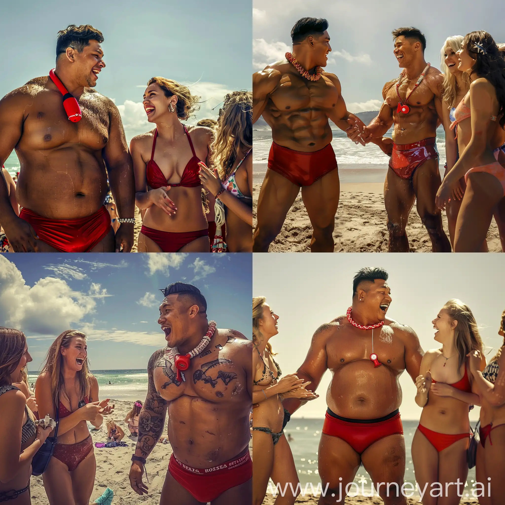 Handsome-Latino-Lifeguard-Chatting-with-Happy-Beachgoers-on-Sunny-Day