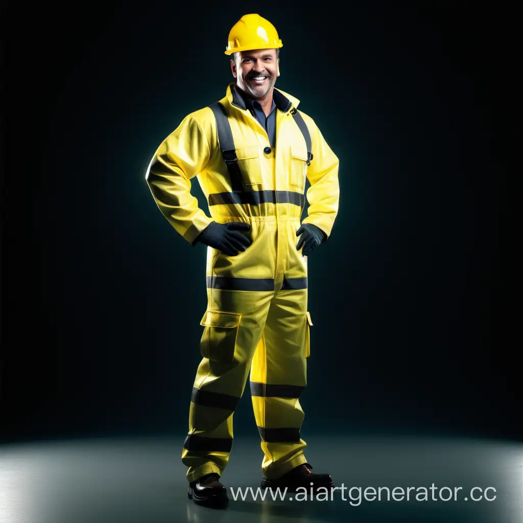 a strong man, smile, front view, in full length, wearing beautiful very insulated luminescent yellow workwear, 
 cinematic, beautiful, elegant, atmospheric，RAW Photo, dynamic composition, G-Master Lens, Photorealistic, Hyperrealistic, Hyperdetailed, natural light, soft lighting, masterpiece, best quality, ultra realistic, 8k, Intricate, High Detail in julie bell style