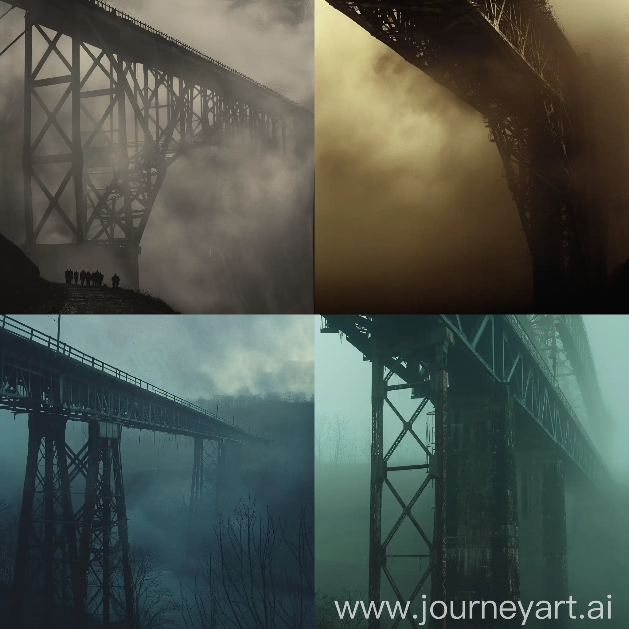 an image of a giant bridge in the mist, great depression, atlas shrugged inspired, eerie