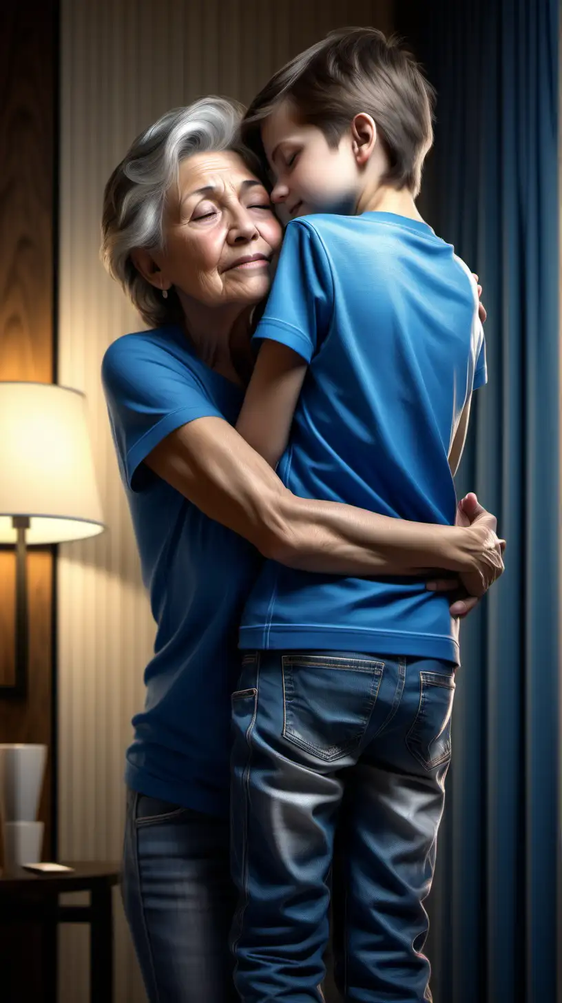 A backwards boy kid with blue t-shirt and jeans embrace his mother in a hotel, hyper realistic style, ultra detailed