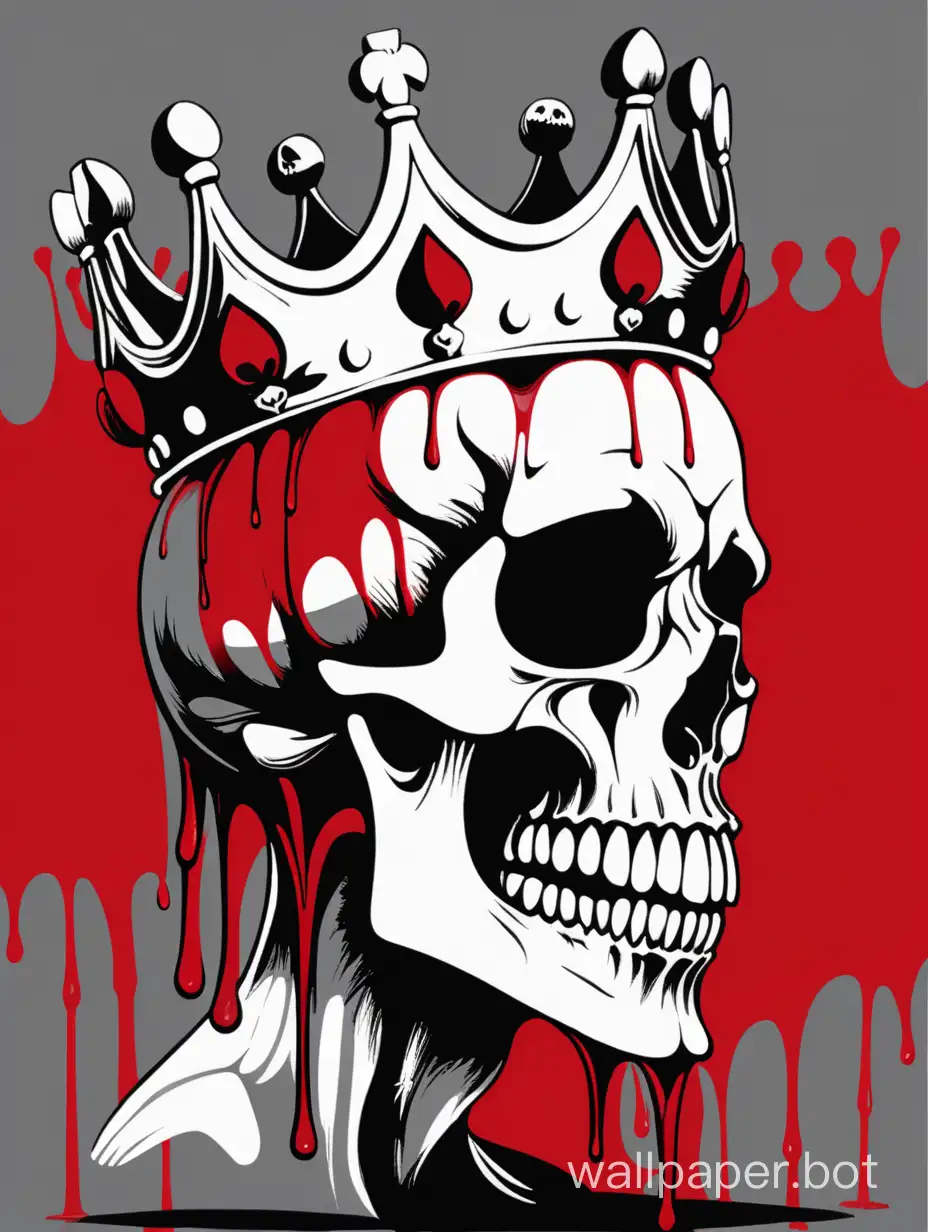 profile Skull face, smooth dripping crown,  crazy desperate smile,  serigraphy art, red, black gray, white background