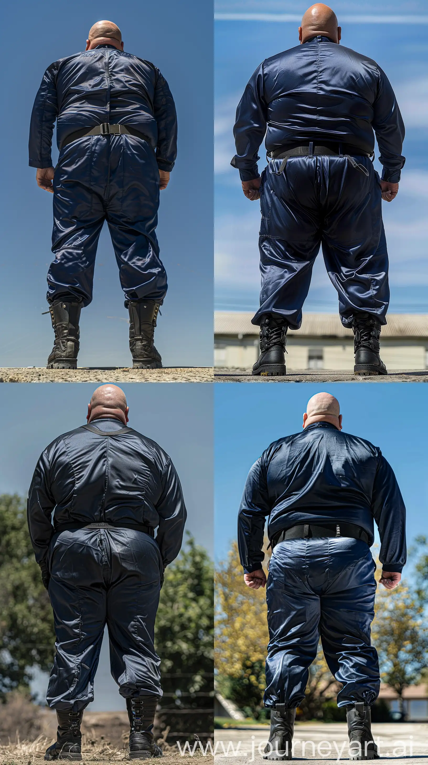 Close-up full body back view photo of a very fat man aged 60 wearing silk navy tight battle coverall in black tactical boots and a black tactical belt. Standing straight and looking at the sky. Outside. Bald. Clean Shaven. Natural light. --ar 9:16