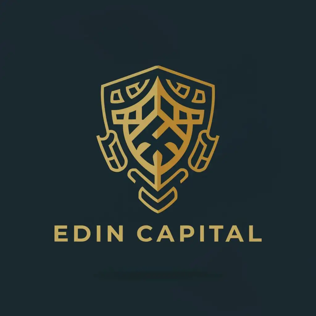 a logo design,with the text "Edin Capital", main symbol:The logo features a shield as a symbol of protection, stability, and strength, adorned with ancient motifs such as intricate patterns or symbols that represent prosperity and wisdom. The color scheme includes shades of gold, symbolizing wealth and success, and deep blue or green representing trust and reliability. The font used for "Edin Capital" is bold and professional, exuding confidence and credibility.,Moderate,clear background