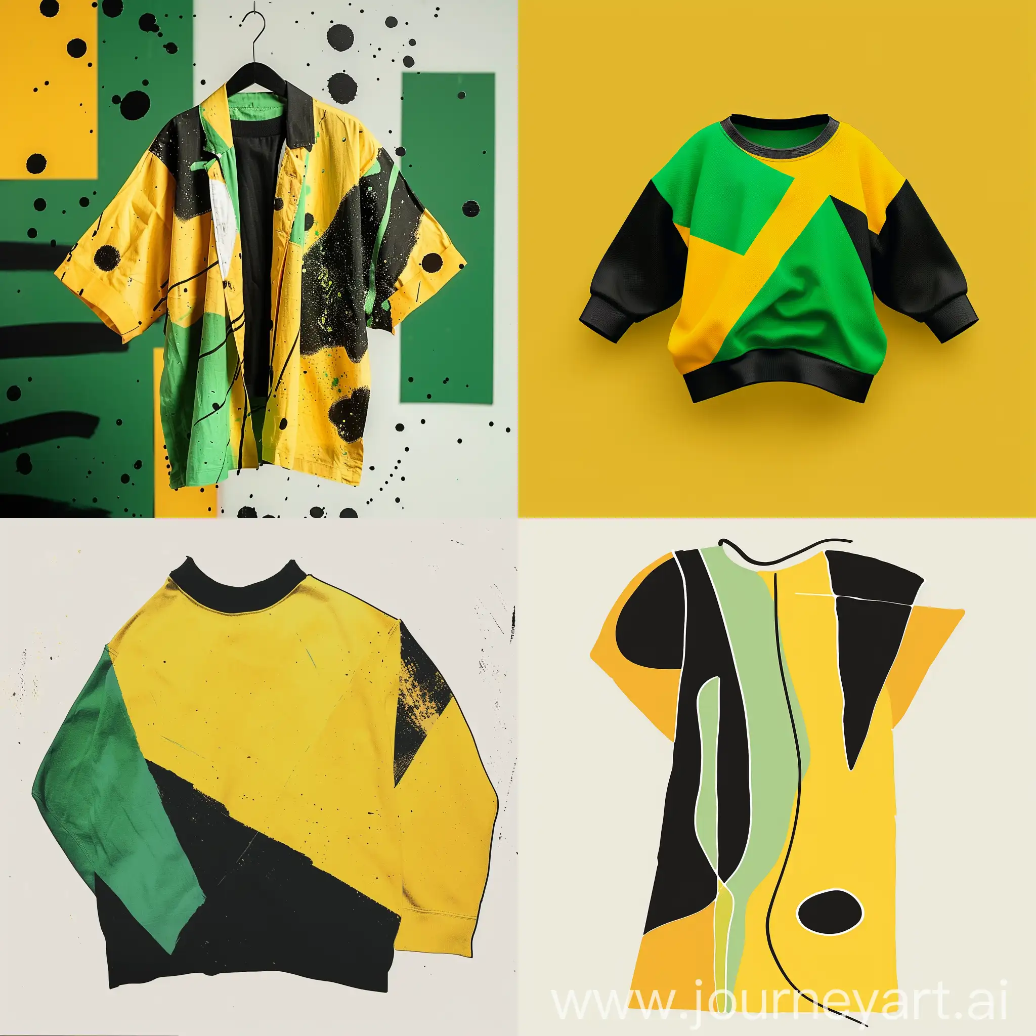 A clothing design using the colors yellow, black and green to create hope in the mind of an abused child, to be happy about the future, shapes, colors, surface nature, lightness, happy feelings.