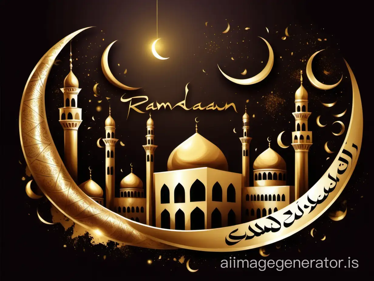 Celebrations of the blessed month of Ramadan painted in it the crescent, the lantern of Ramadan and a mosque in shiny gold color White background written on it Ramadan Kareem In bold and dark gold font Flag of Palestine