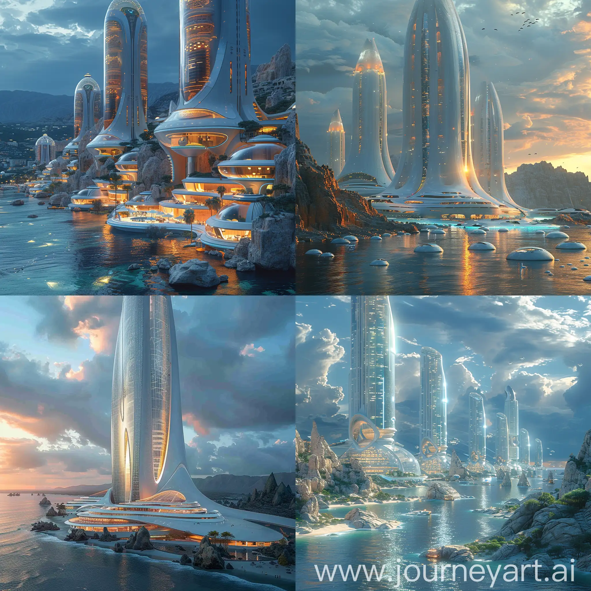 Futuristic Vladivostok, Eco-Friendly Skyscrapers and Sustainable Living, Underwater marvels and Ocean Exploration, Advanced Transportation Network, A Fusion of Cultures, A Center for Scientific Research and Innovation, octane render --stylize 1000
