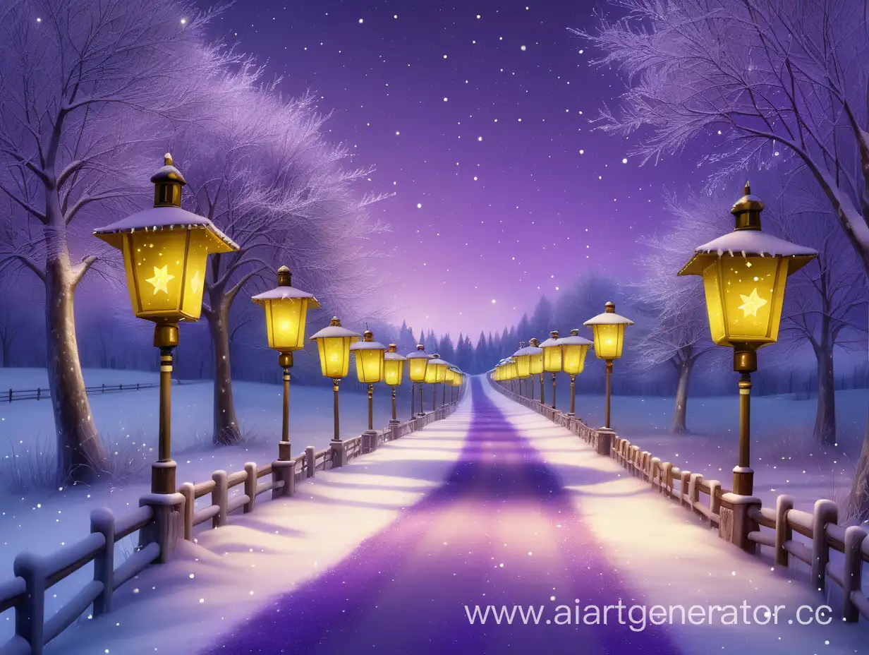 Зимняя дорога ,фиолетовое небо со звёздами ,по краям тропинки выставлены жёлтые фонари с двух сторон, по фонарям вьются изумрудные цветы
