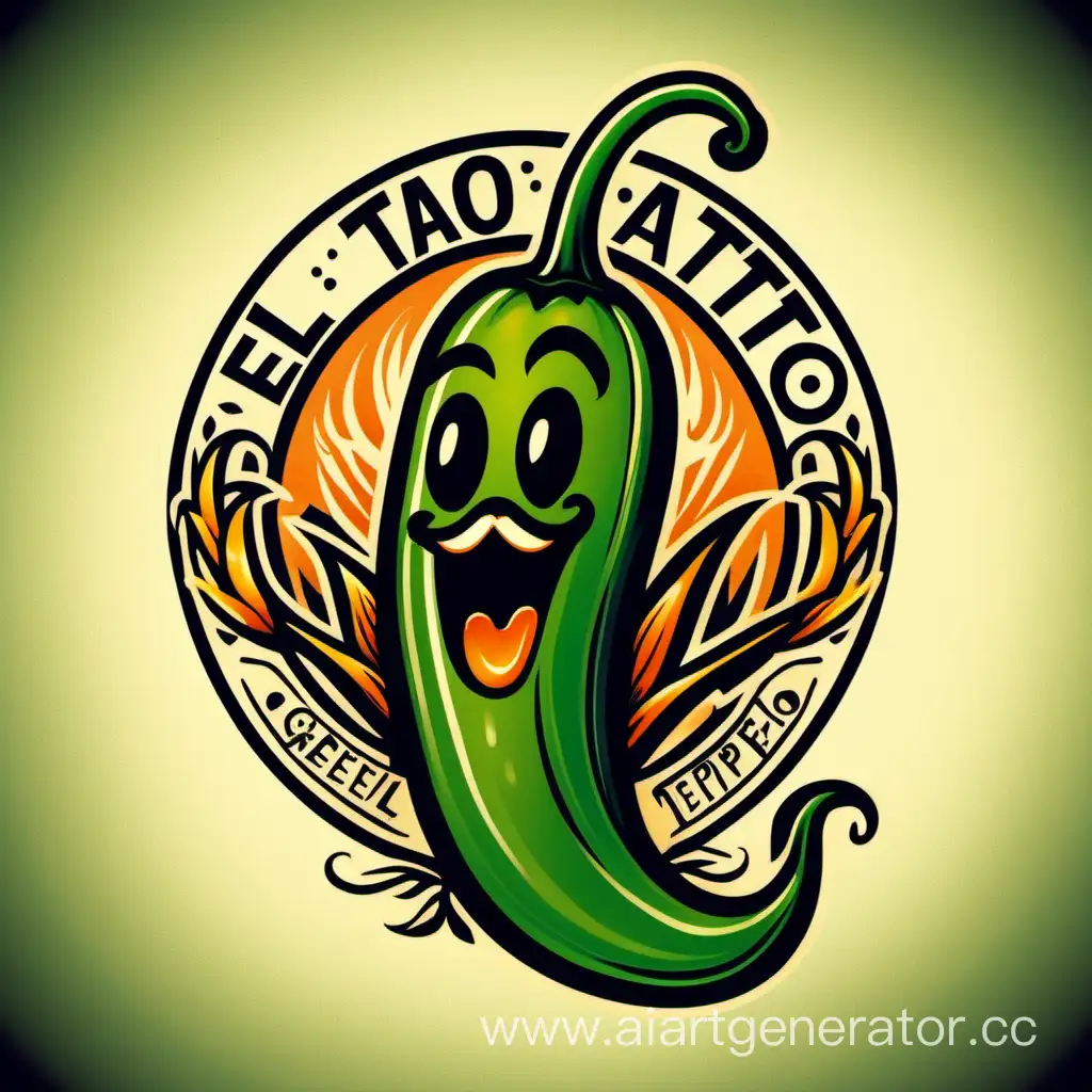логотип с названием El tattoo’s на котором изображен  персонаж в виде зеленого перца халапеньо, в черно оранжевом стиле