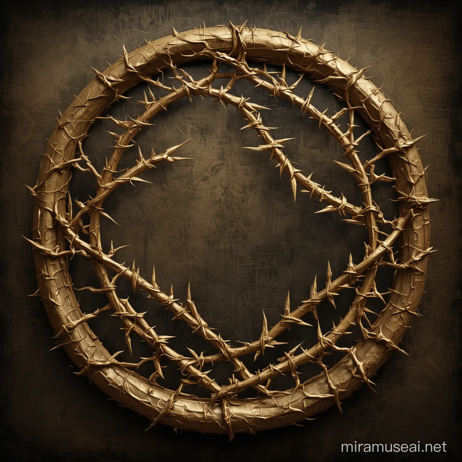 Crown of intertwined thorns,golden,perfectly round,black grunge texture,ancient scroll background,no errors