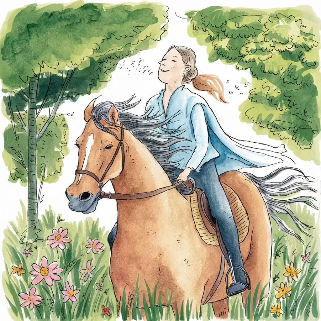 Springtime Serenity Horseback Relaxation in Watercolor and Crayon Art