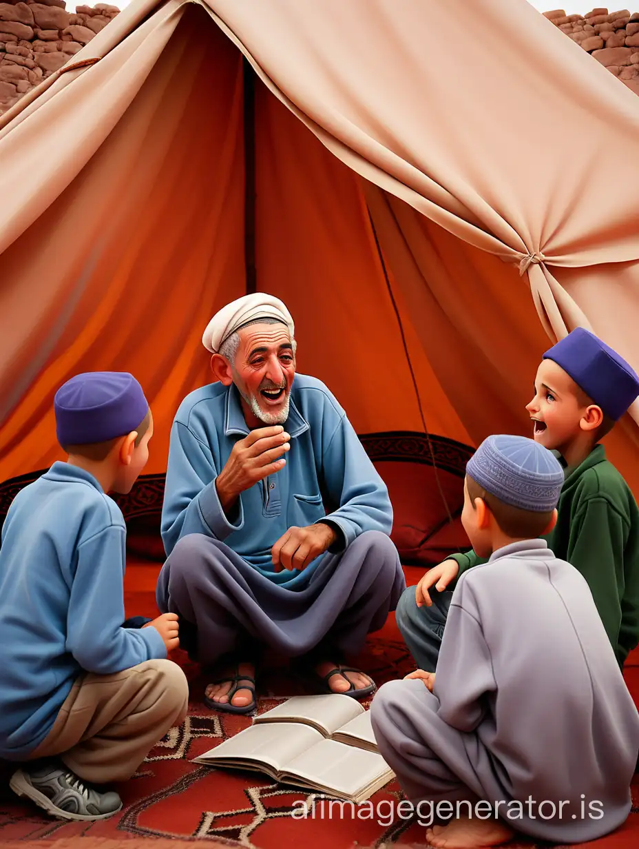 AN ELDERLY MOROCCAN MAN TELLING STORIES TO HIS NEPHEWS UNDER A TENT