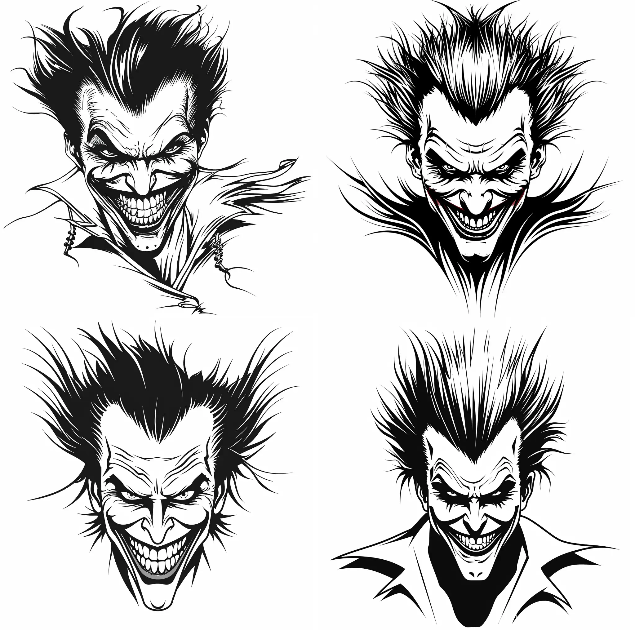 Make a simple, two-dimensional, flat vector tattoo design of a joker. There shouldn't be any gradients or shading in the design; just thick, clean lines. Concentrate simply on the joker character's outline, using only black and white and no fill. To highlight the design's simplicity, make sure the lines are crisp and distinct. Low detail should be used to depict the joker while preserving the key characteristics that make him unique. The joker's outline should be clearly seen against a stark white background.The general aesthetic should be strong and simple, appropriate for a tattoo design. The finished design should be an easy-to-understand depiction of the joker, ideal for tattoo aficionados." Please feel free to make any changes or add more information