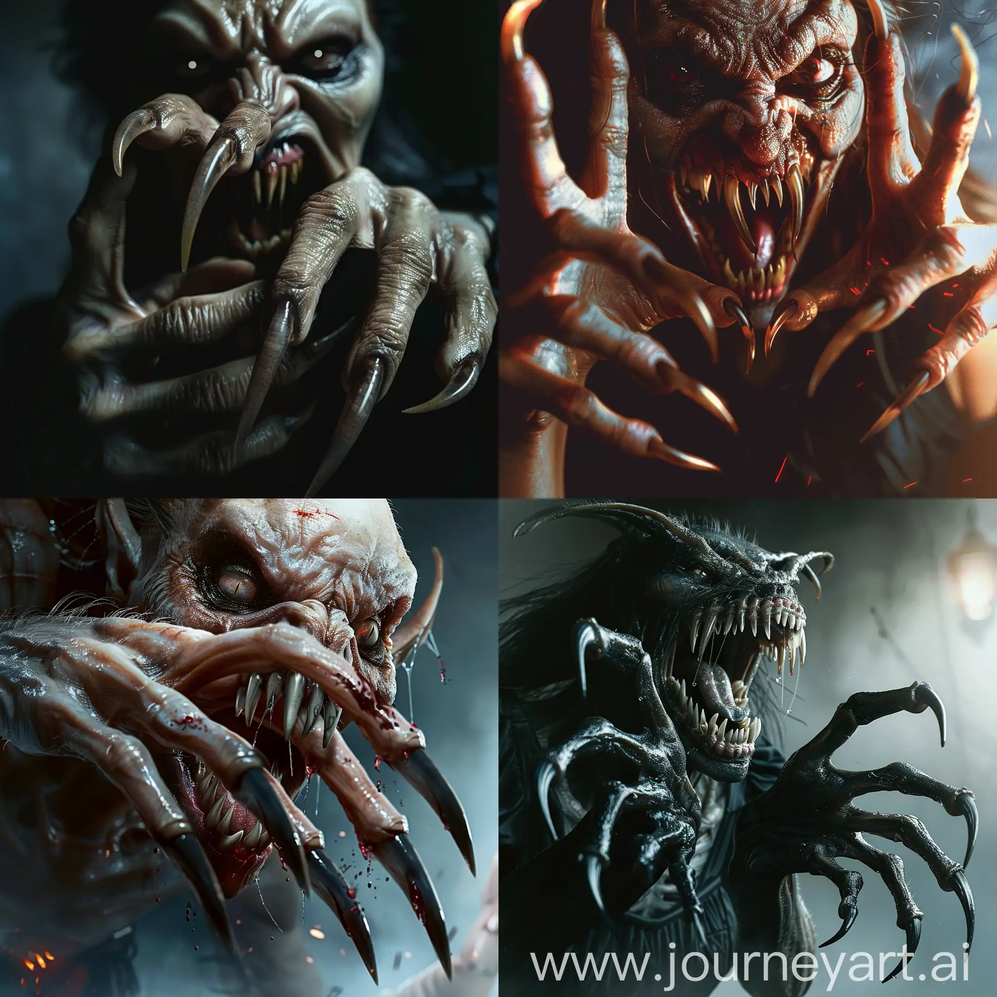Photorealism of creature a monstruos female vampire with long curved pointed  nails, she aggressive attack, pointed crocked teeth scary expression, dark atmosphere, high quality, photorealistic, terrifying, aggressive,scary predator fangs, detailed nails, horror, atmospheric lighting, full body, realistic hyper - detail, playful character designs, full anatomical. human hands, very clear without flaws with five fingers