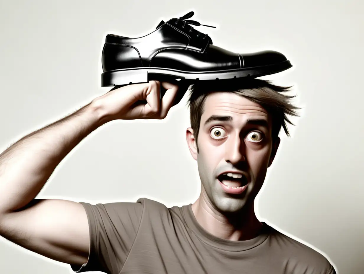 Bizarre Man Balancing Shoe on Head in Surreal Display