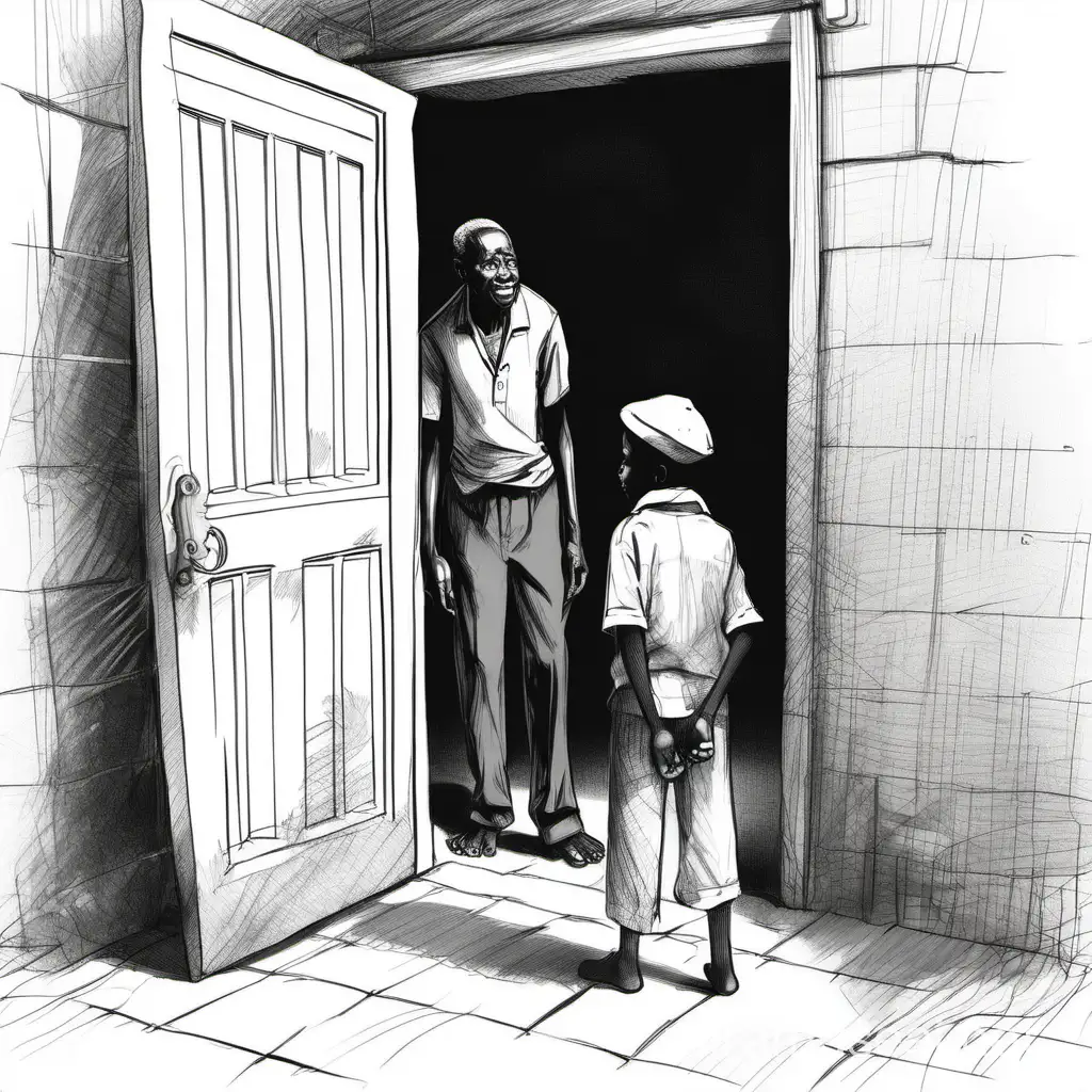 sketch of african boy talking to an elderly man infront of a door



