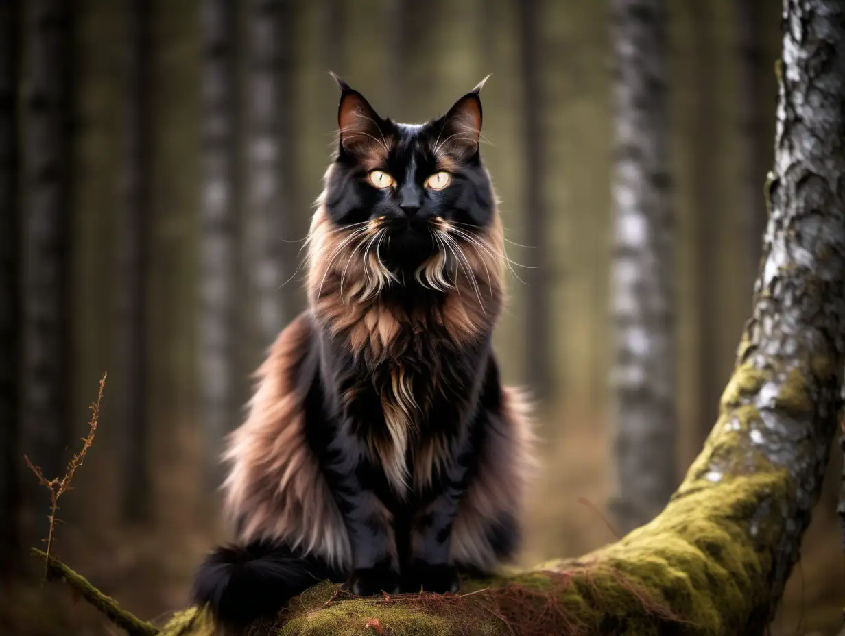 Elegant Brown and Black Nordic Forest Cat in Enchanting Woodland Scene